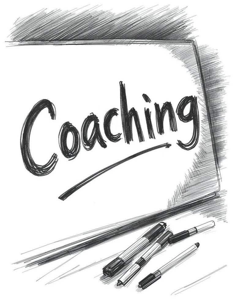 Schwarze Schreibtafel mit der Aufschrift „Coaching“ und einigen Markern.
