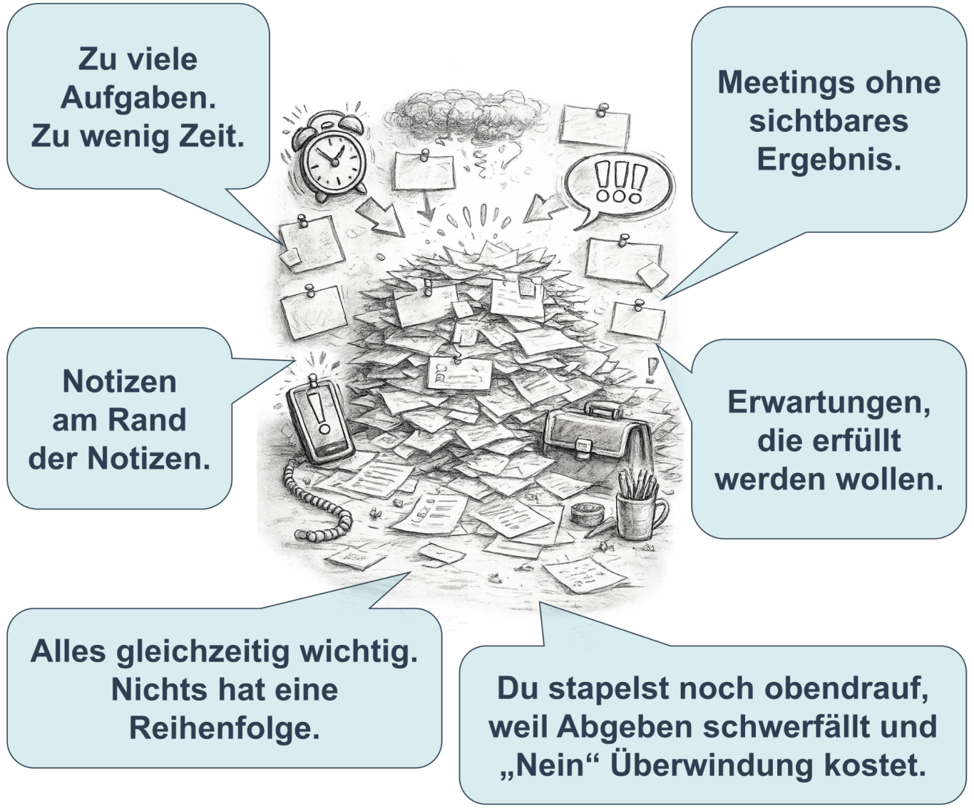 Gedankenchaos im Kopf bei zu vielen Aufgaben Ein überladener Schreibtisch mit Aufgaben, Notizen und einer Zeit-Uhr. Chaos und Überforderung.